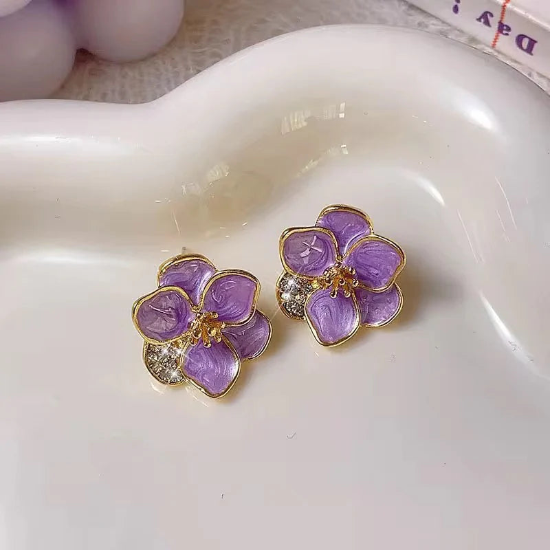Lavender Flower Crystal Stud Earrings - AR - 173
