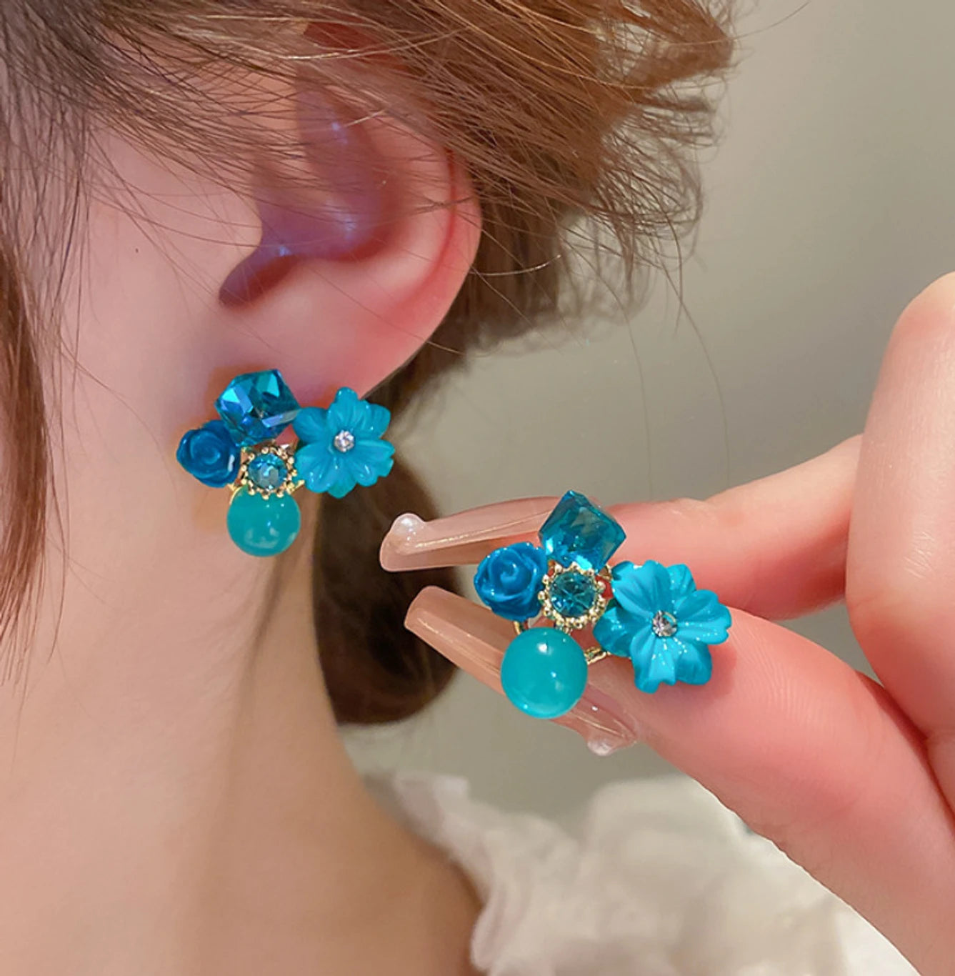 Turquoise Flower Crystal Stud Earrings - AR - 188 - 189 - 190 - 191