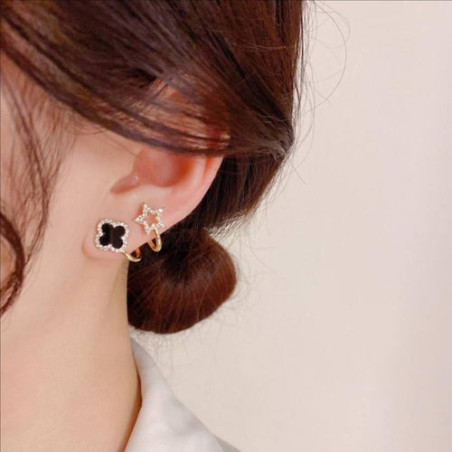 Black Luxury Clover & Star Gold-Tone Ear Cuff Earrings - AR-92