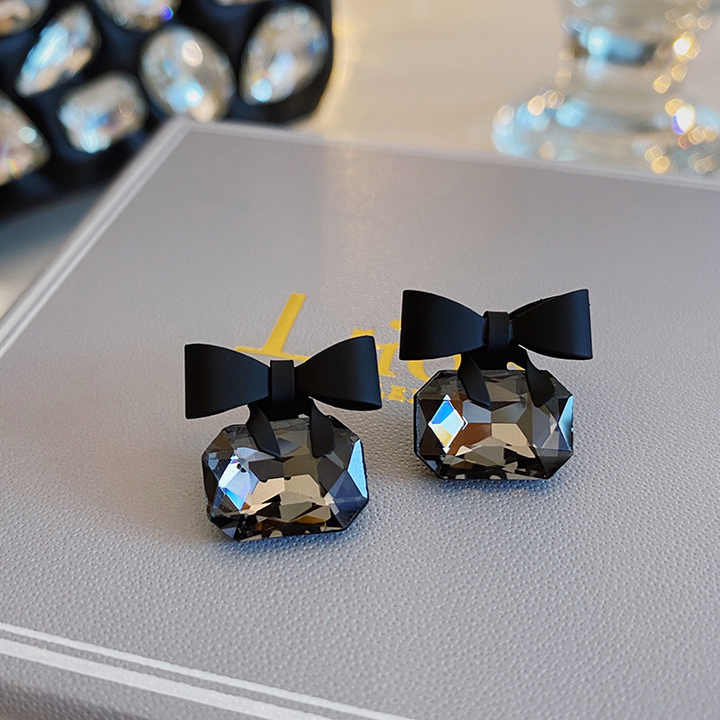 Korean Black Ribbon Bow Earrings - AR-96