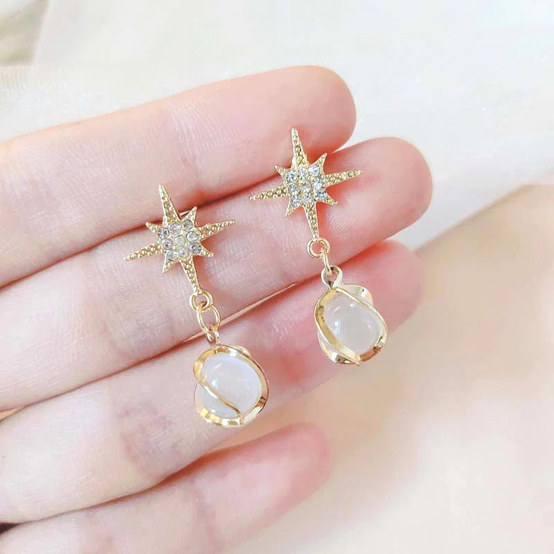 Crystal Star Pearl Drop Earrings - AR - 199