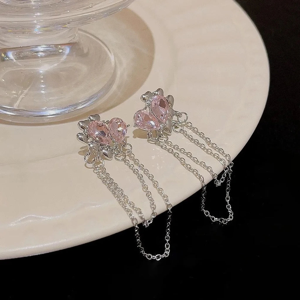 Pink Crystal Flower Chain Drop Earrings - AR - 177