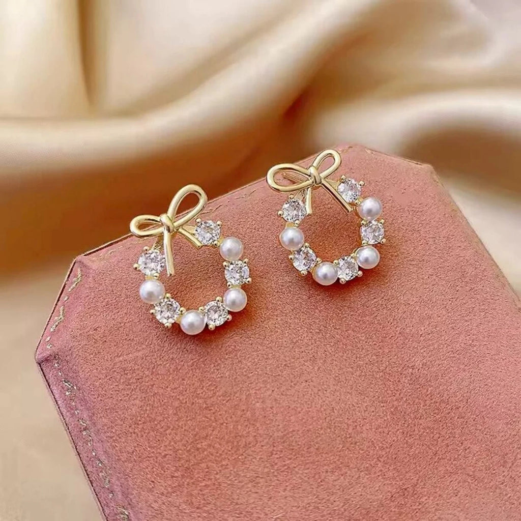 Bow pearl wreath earrings - AR-158