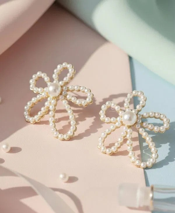 Pearl bow statement earrings - AR-162