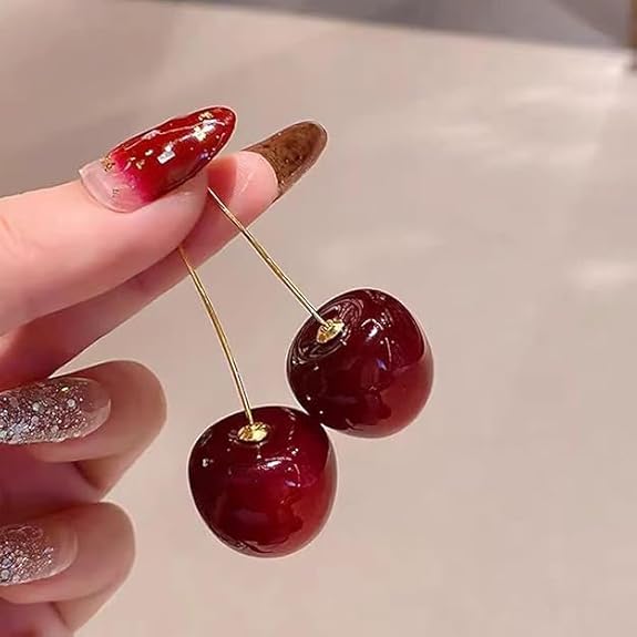 Korean Style Red Maroon Shaded Cherry Drop Earrings - AR-08