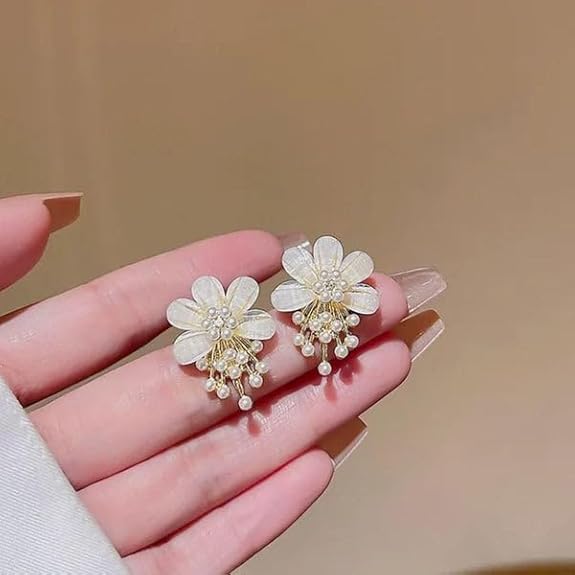 White Flower Pearl Drop Stud Earrings - AR - 180