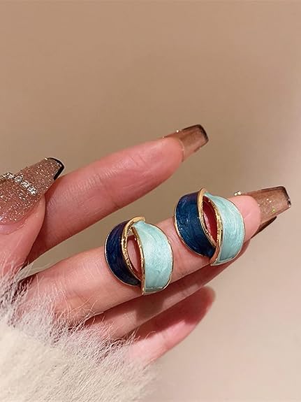 Dual Tone Blue Enamel Hoop Earrings - AR - 187