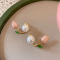 Luxury Pink Tulip Flower Pearl Stud Earrings - AR-09