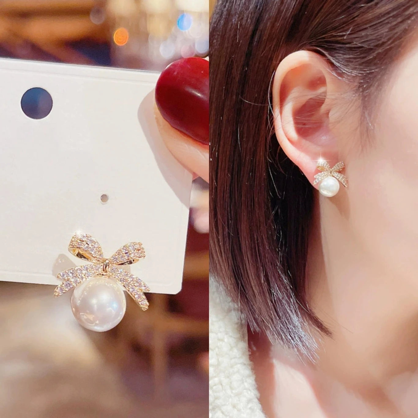 Crystal bow pearl earrings - AR-155