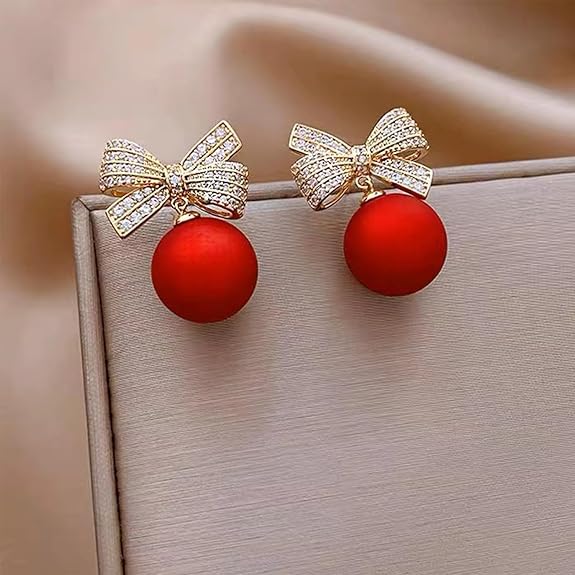 Red Pearl Crystal Bow Drop Earrings - AR - 174