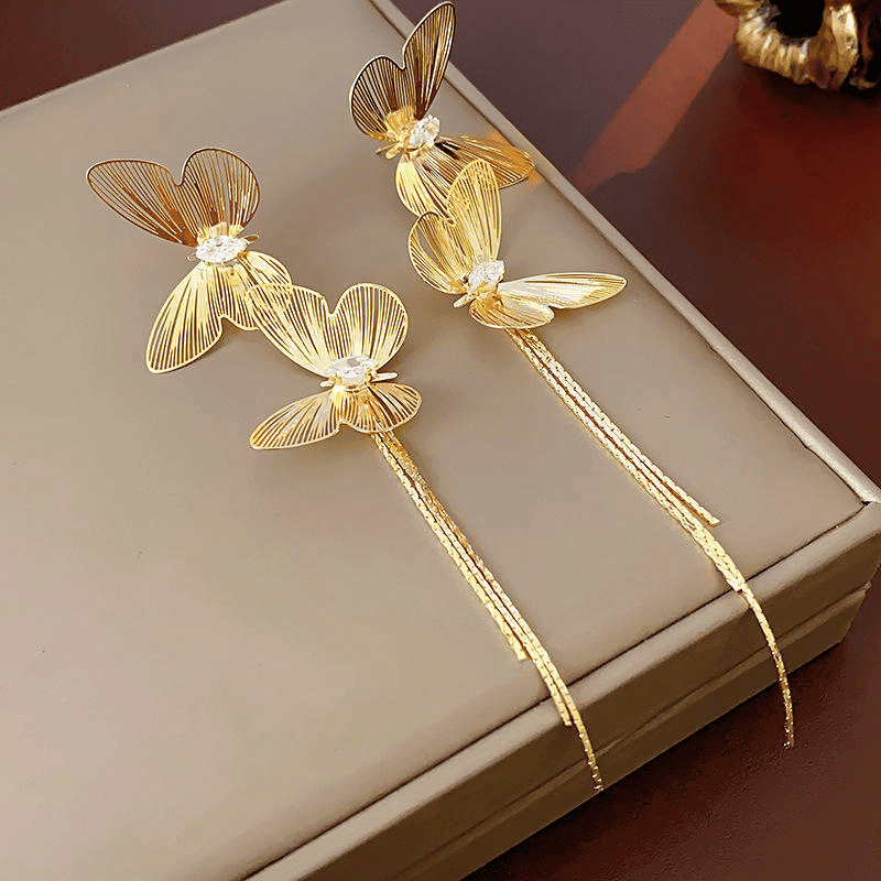 Gold butterfly tassel statement earrings - AR-156