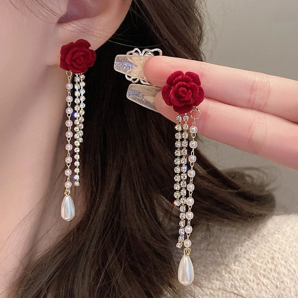 Elegant Red Rose Pearl Tassel Drop Earrings - AR - 170