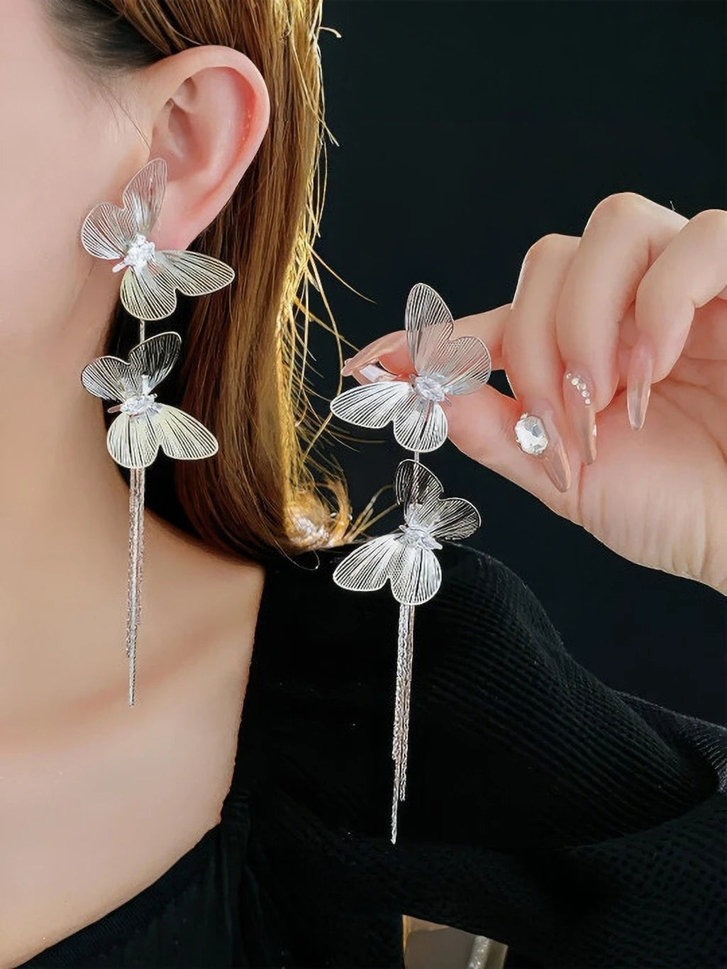 Silver butterfly tassel statement earrings - AR-163