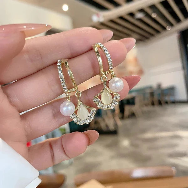 Gold Crystal Flower Pearl Drop Hoop Earrings - AR - 175