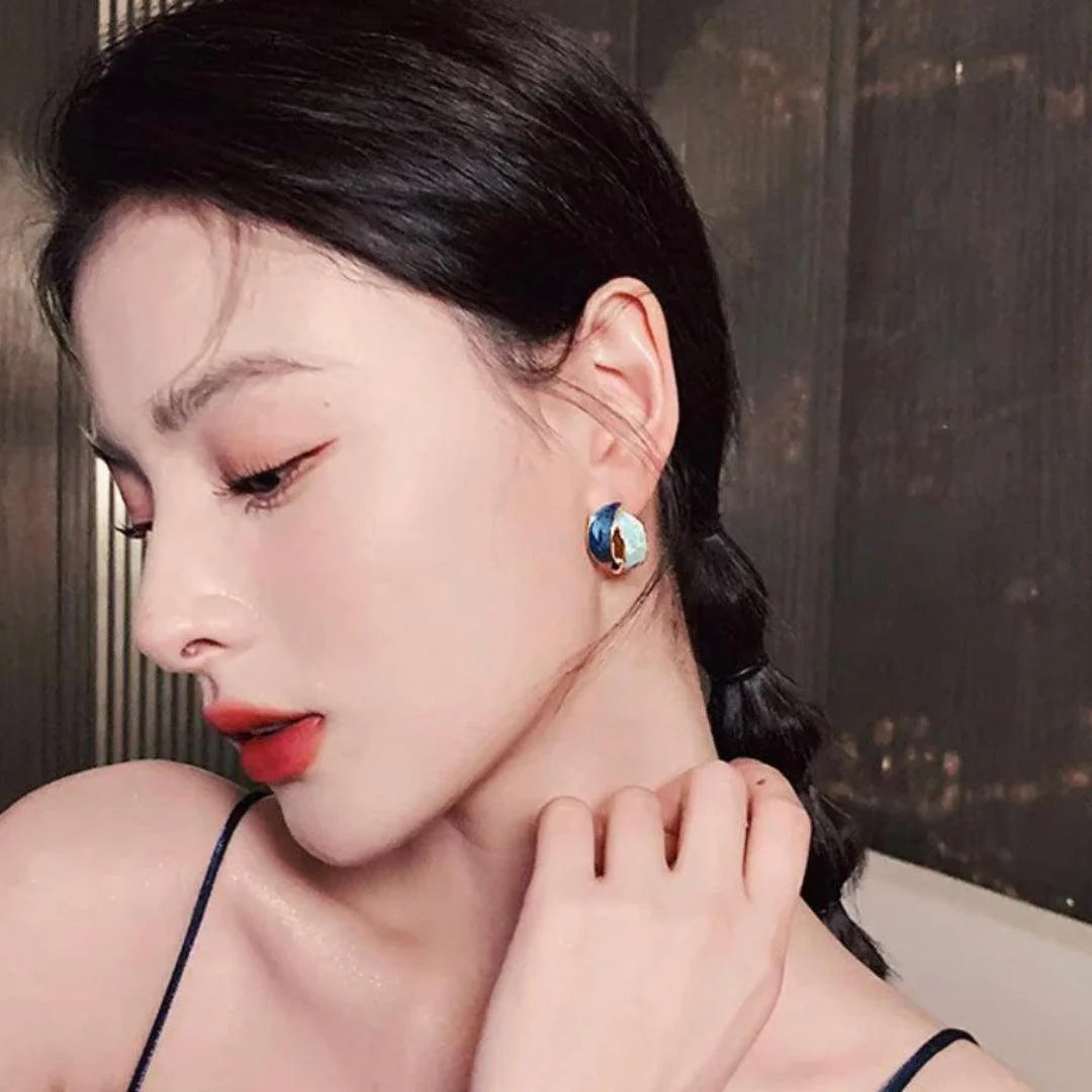 Dual Tone Blue Enamel Hoop Earrings - AR - 187