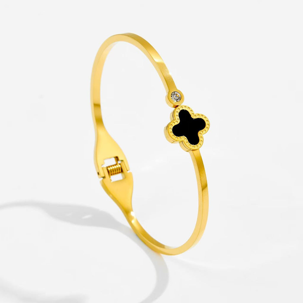 Four-Leaf Clover Crystal Gold-Plated Cuff Bracelet - BR-01