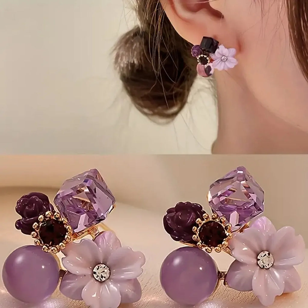 Purple Crystal Flower Stud Earrings For Woman - AR-07
