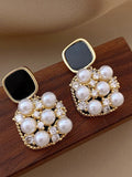 Gold-Plated Black Enamel and Pearl Cluster Earrings - AR-118