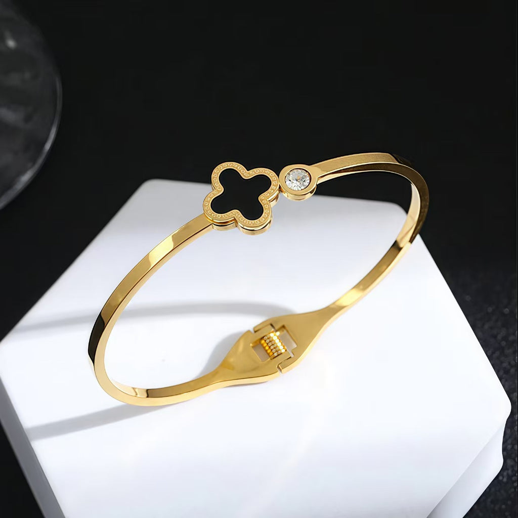 Four-Leaf Clover Crystal Gold-Plated Cuff Bracelet - BR-01