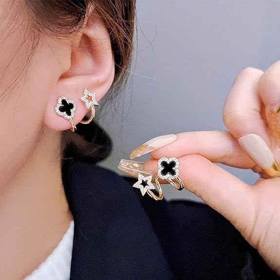 Black Luxury Clover & Star Gold-Tone Ear Cuff Earrings - AR-92