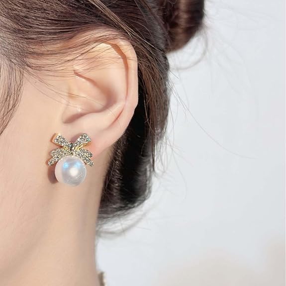 Crystal bow pearl earrings - AR-155