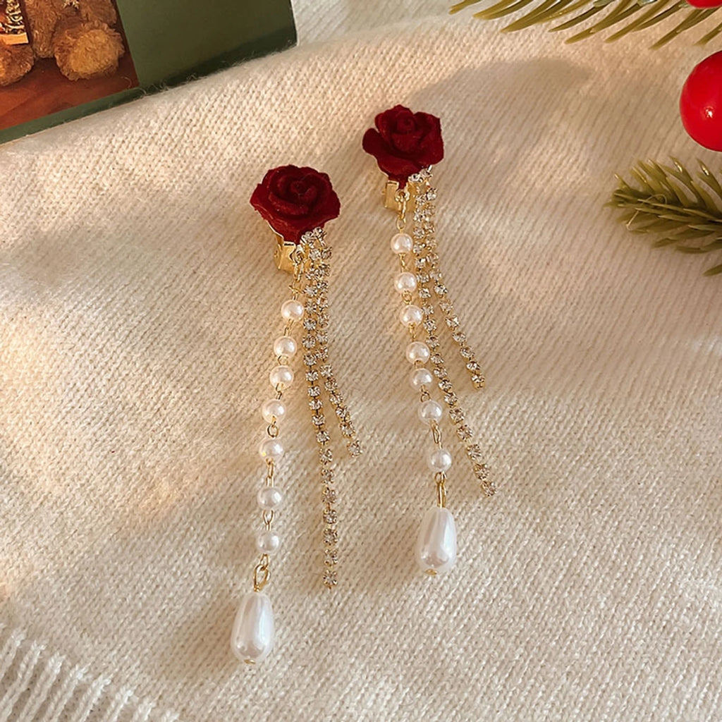 Elegant Red Rose Pearl Tassel Drop Earrings - AR - 170