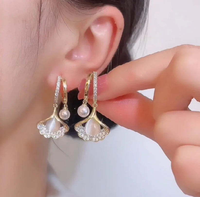 Gold Crystal Flower Pearl Drop Hoop Earrings - AR - 175