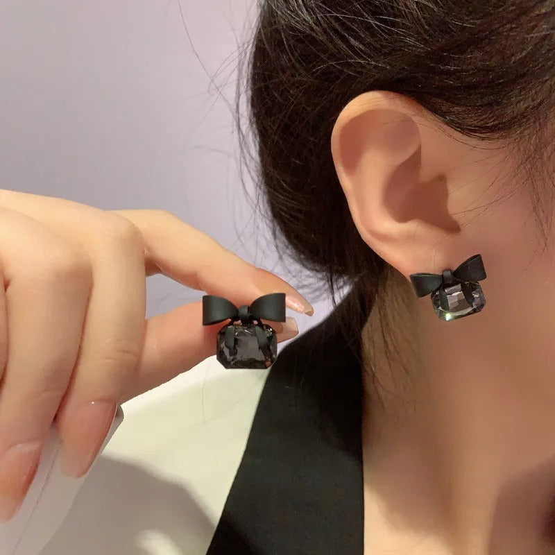 Korean Black Ribbon Bow Earrings - AR-96