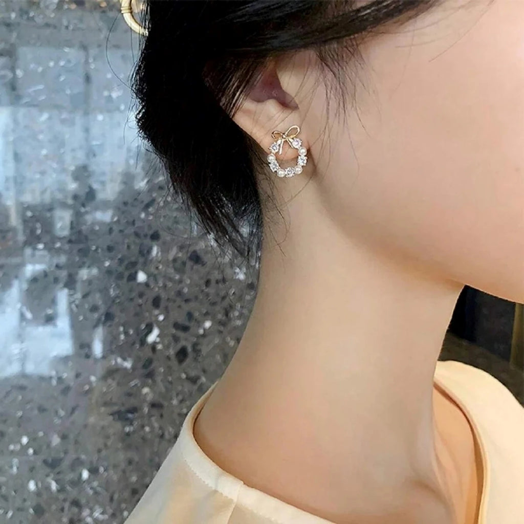 Bow pearl wreath earrings - AR-158