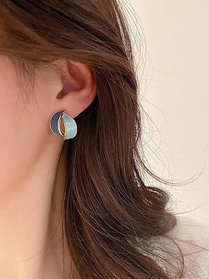 Dual Tone Blue Enamel Hoop Earrings - AR - 187