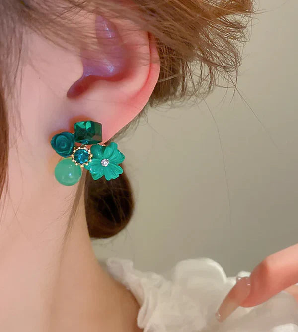 Turquoise Flower Crystal Stud Earrings - AR - 188 - 189 - 190 - 191