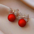 Red Pearl Crystal Bow Drop Earrings - AR - 174