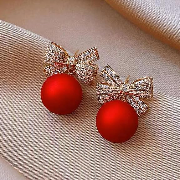 Red Pearl Crystal Bow Drop Earrings - AR - 174