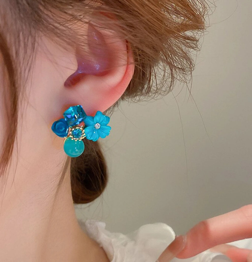 Turquoise Flower Crystal Stud Earrings - AR - 188 - 189 - 190 - 191