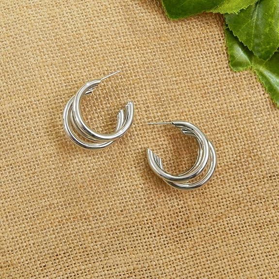 Silver Triple Hoop Earrings - AR-13