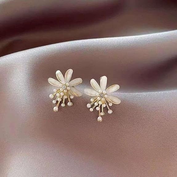 White Flower Pearl Drop Stud Earrings - AR - 180