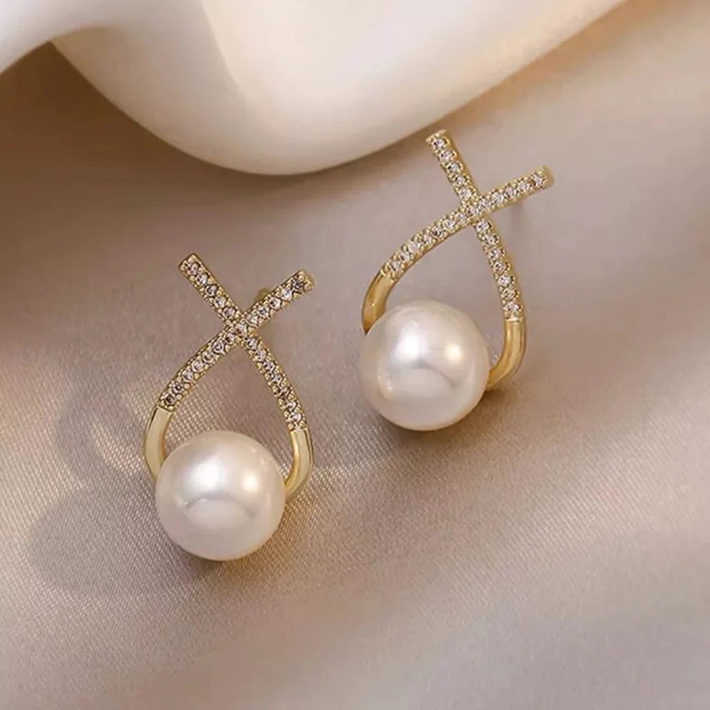 Korean Diamond Cross Pearl Earrings - AR-110