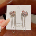 Pink Crystal Flower Chain Drop Earrings - AR - 177