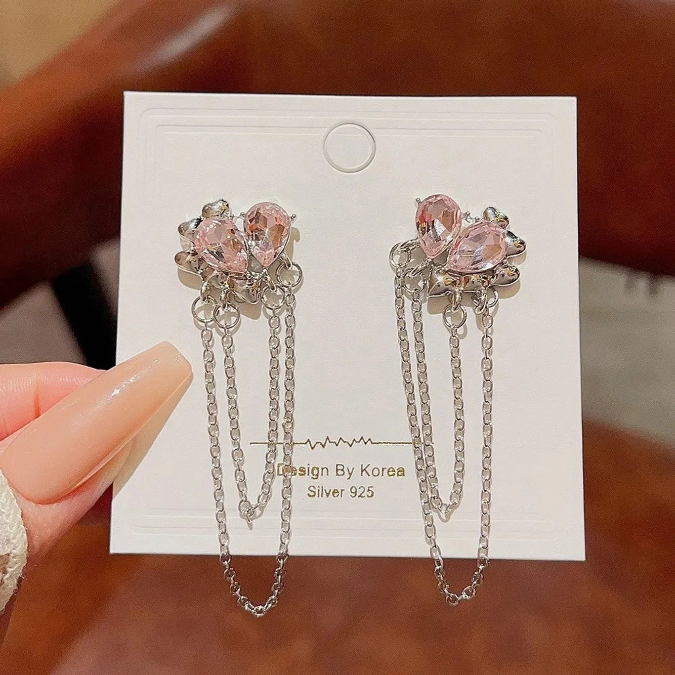 Pink Crystal Flower Chain Drop Earrings - AR - 177