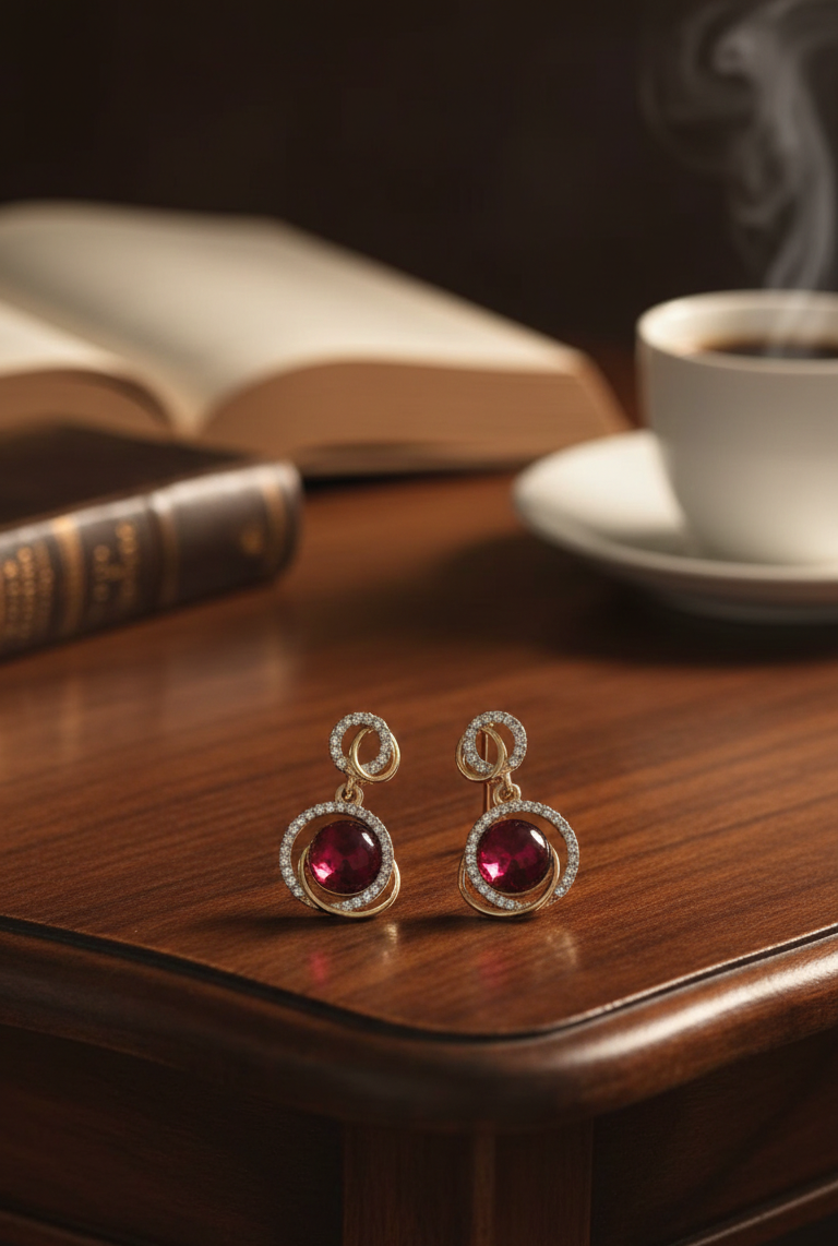 Ruby red stone gold drop earrings - AR-140