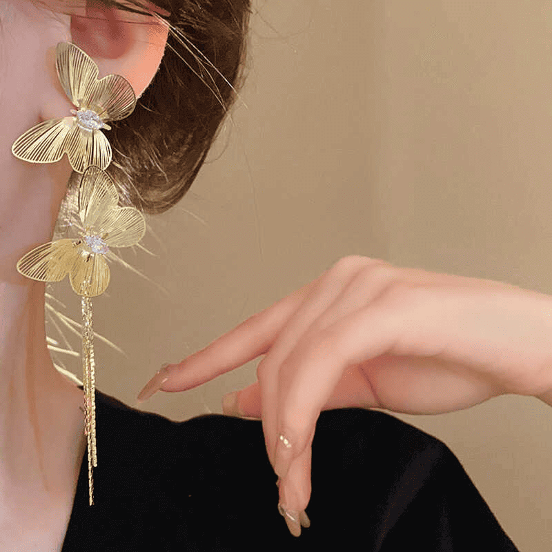 Gold butterfly tassel statement earrings - AR-156