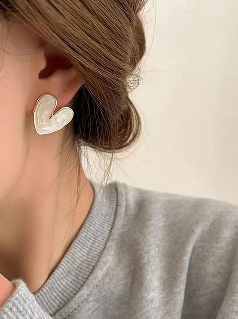 White Heart Shaped Stud Earrings - AR-26