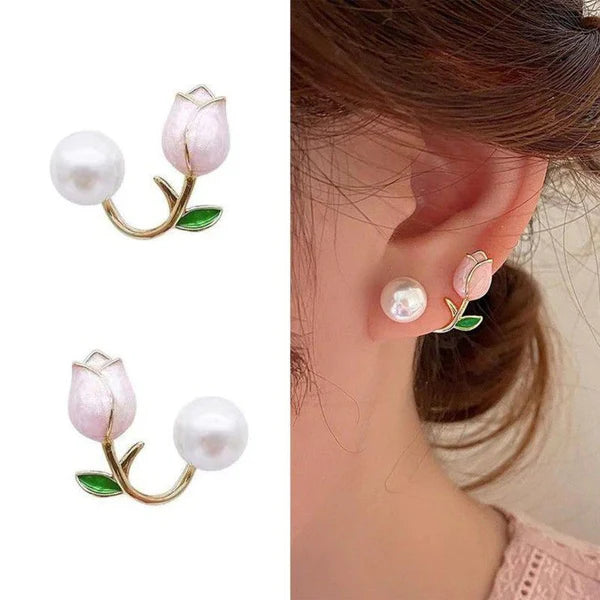 Luxury Pink Tulip Flower Pearl Stud Earrings - AR-09