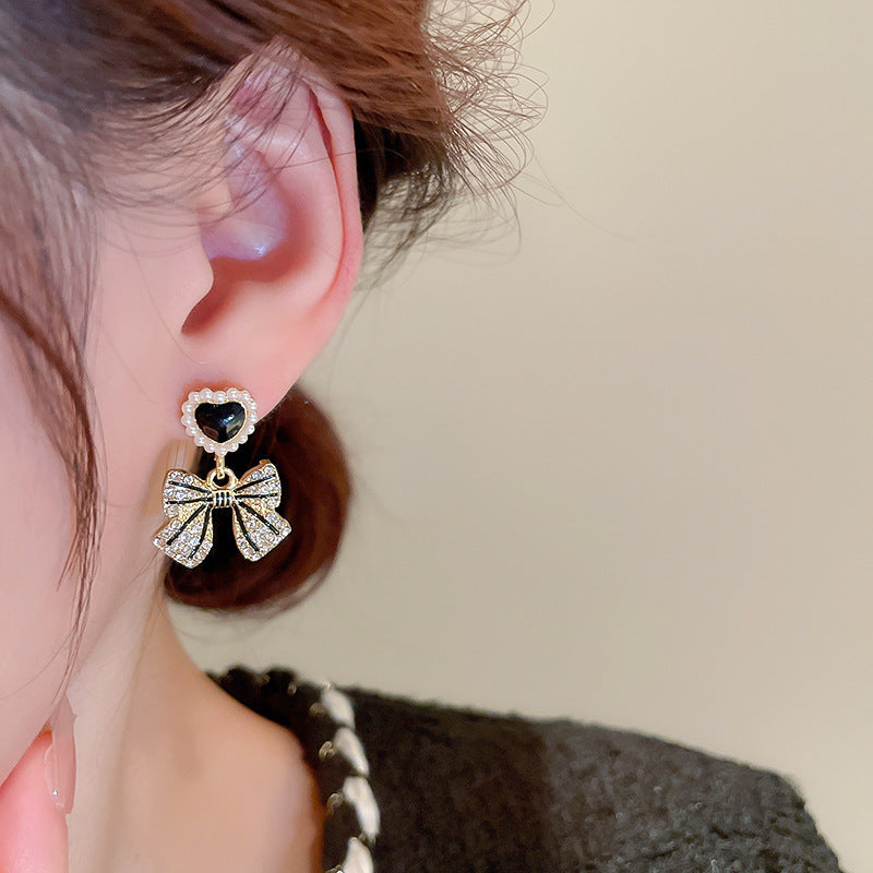 Black Heart Crystal Bow Drop Earrings - AR - 169