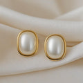 Gold Frame Oval Pearl Stud Earrings - AR - 179