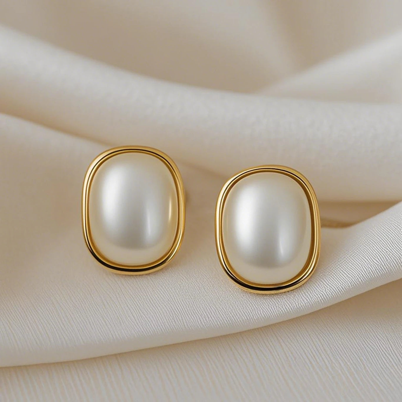 Gold Frame Oval Pearl Stud Earrings - AR - 179
