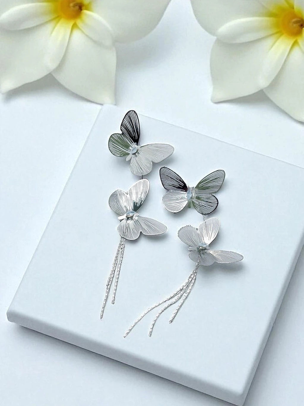 Silver butterfly tassel statement earrings - AR-163