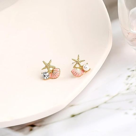 Starfish Pearl Seashell Ocean Drop Earrings - AR - 194