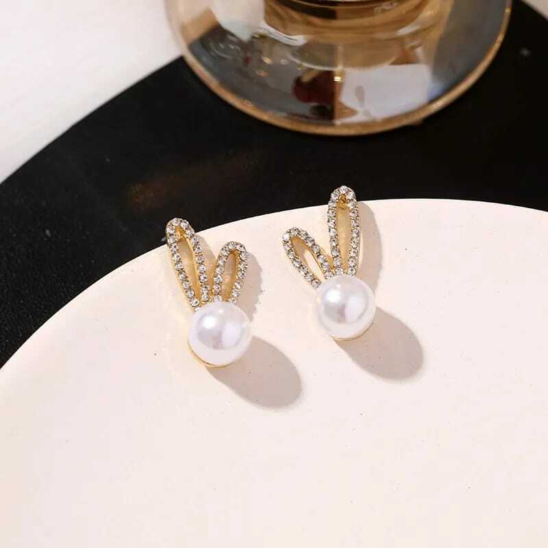 Crystal Bunny Ear Pearl Stud Earrings - AR - 172