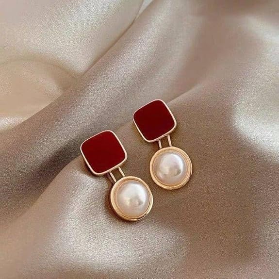 Red Square Pearl Earrings - AR-102